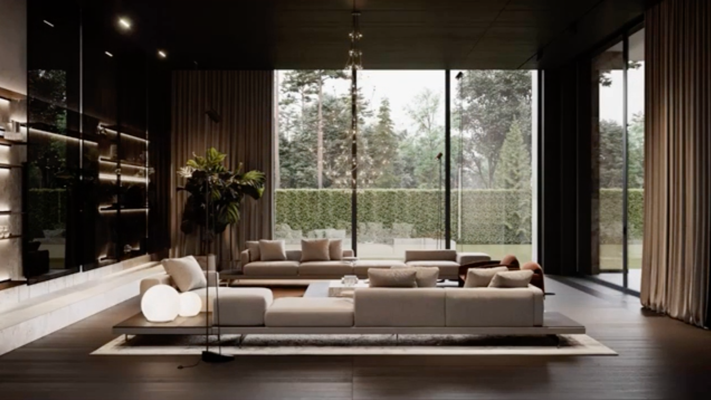 Living Room Interior Design With Big Panoramic Windows